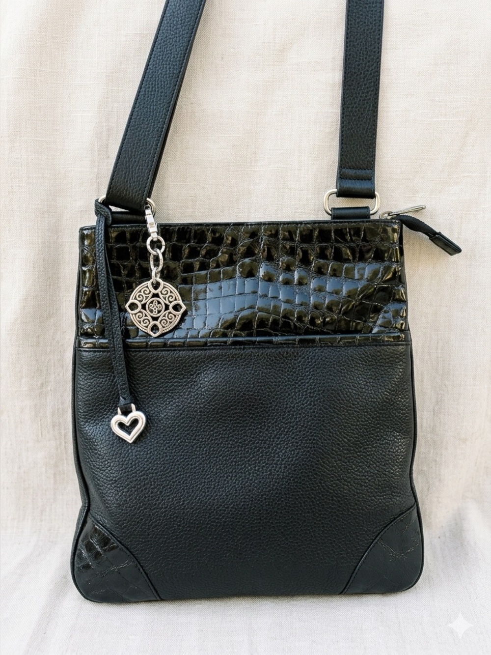 Brighton Peyton Black Leather Croc Patent Trim Adjustable Strap Crossbody Bag